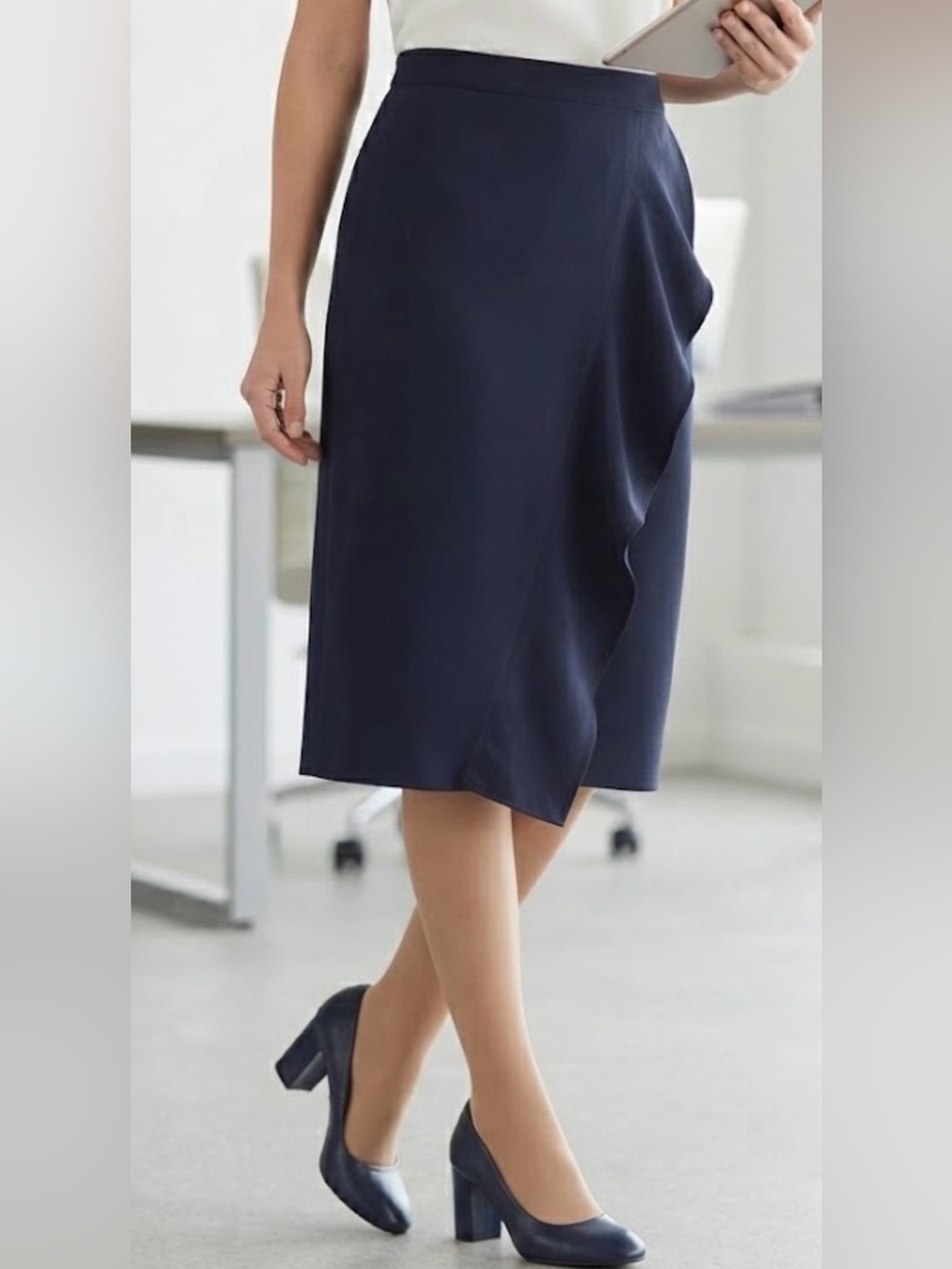 J. Crew Navy Midi Pencil Skirt with Side Ruffle